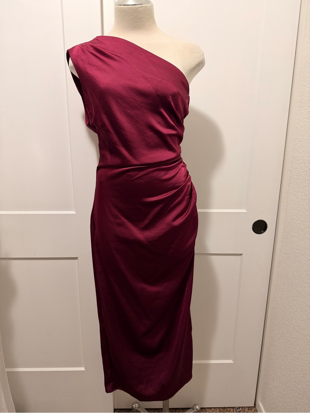 Mango One-Shoulder Midi Dress in Deep Berry